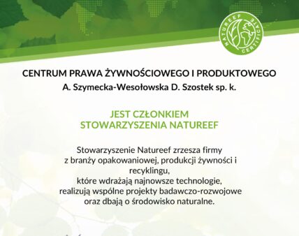 Centrum Prawa Żywnościowego i Produktowego FOOD LAW zostało przyjęte w poczet członków Stowarzyszenia NATUREEF Association